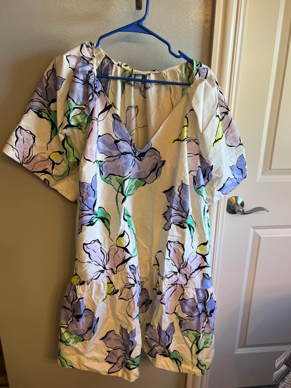 Women’s White Floral V-Neck Dress with Purple & Green Print